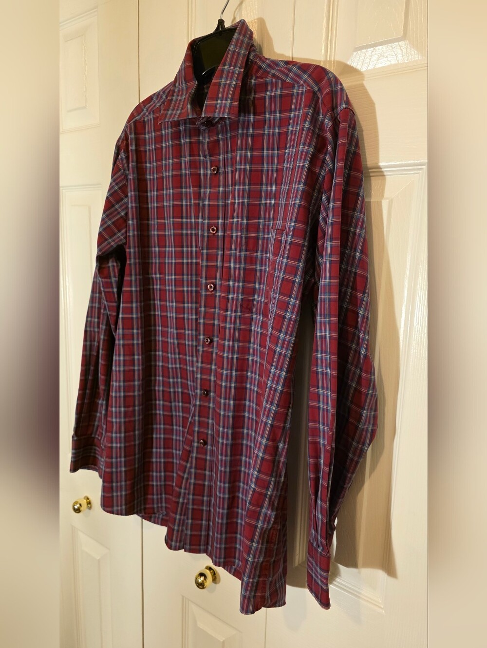 Bill Blass Men's Burgundy and Blue Plaid Button-Down Non-Iron Shirt M